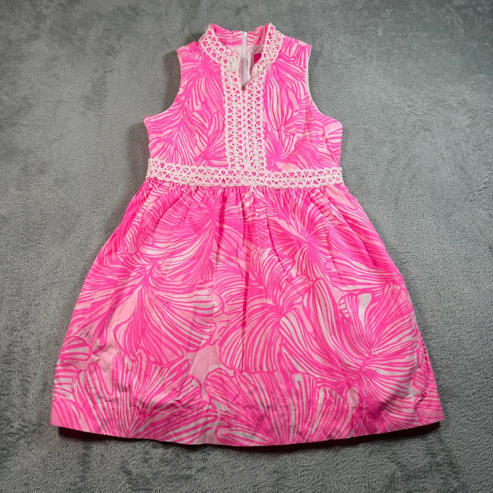 Lilly Pulitzer Mini Franci Dress Girls 12 Pink Palms Sleeveless Lace Trim 003626